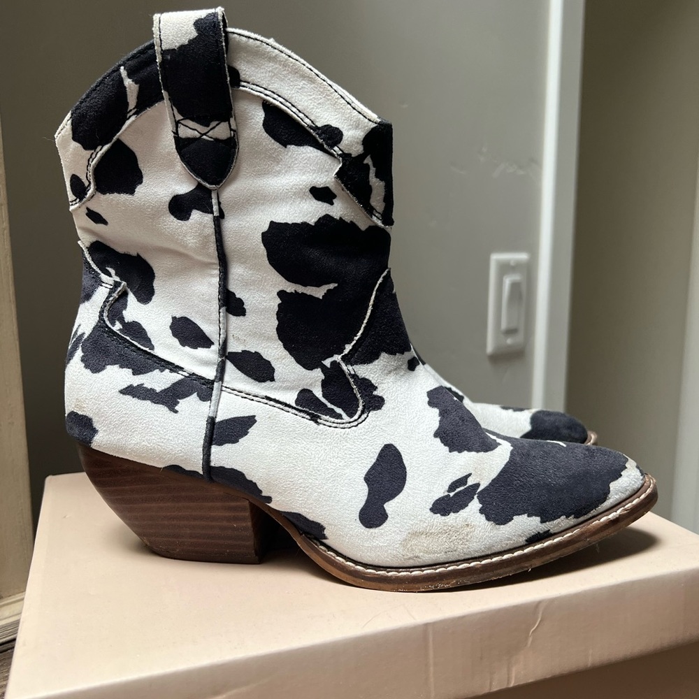 Stylish Black and White Cow Print Ankle Booties